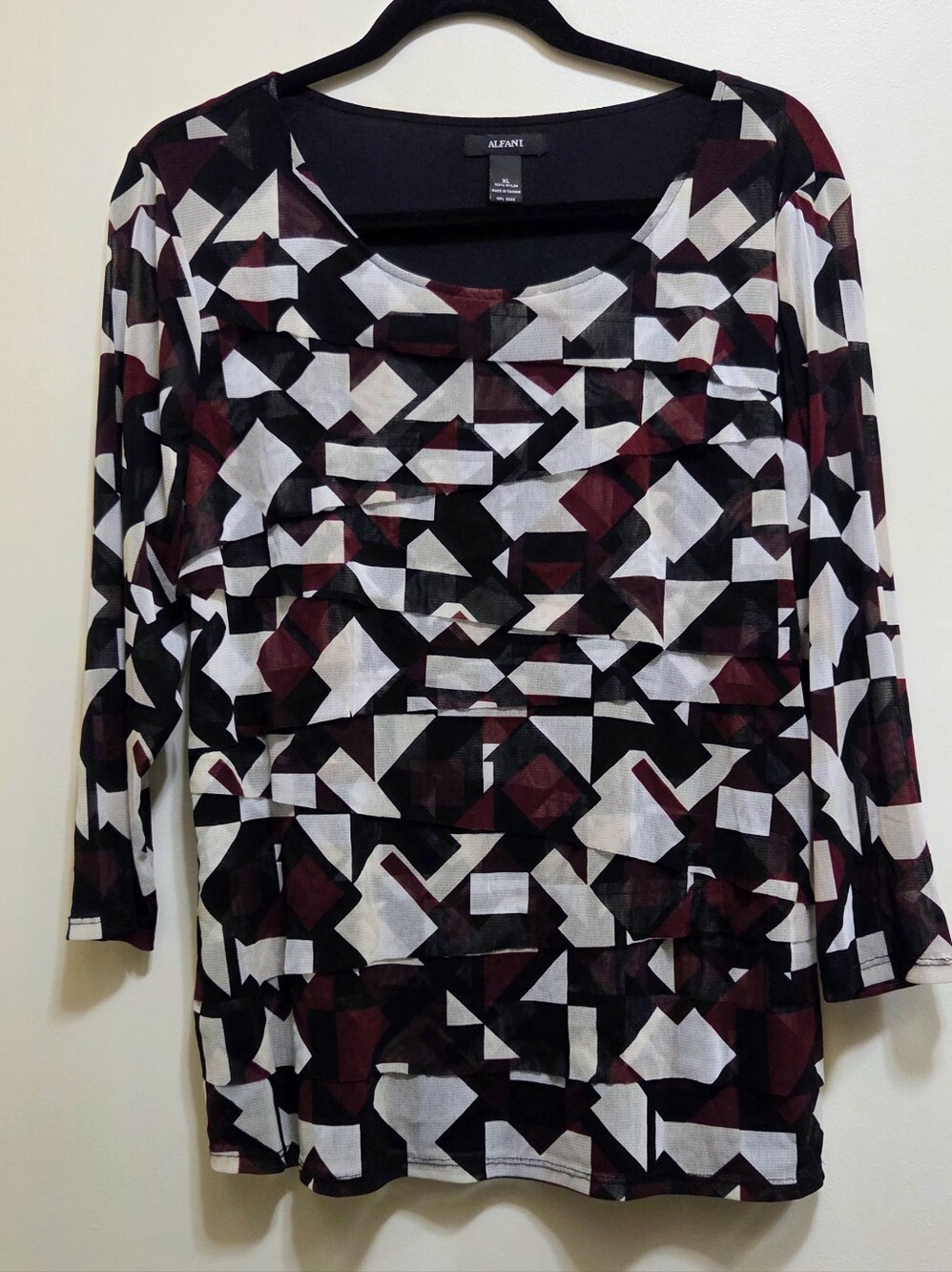 Alfani Mesh Geometric Top in Black, White & Burgundy XL